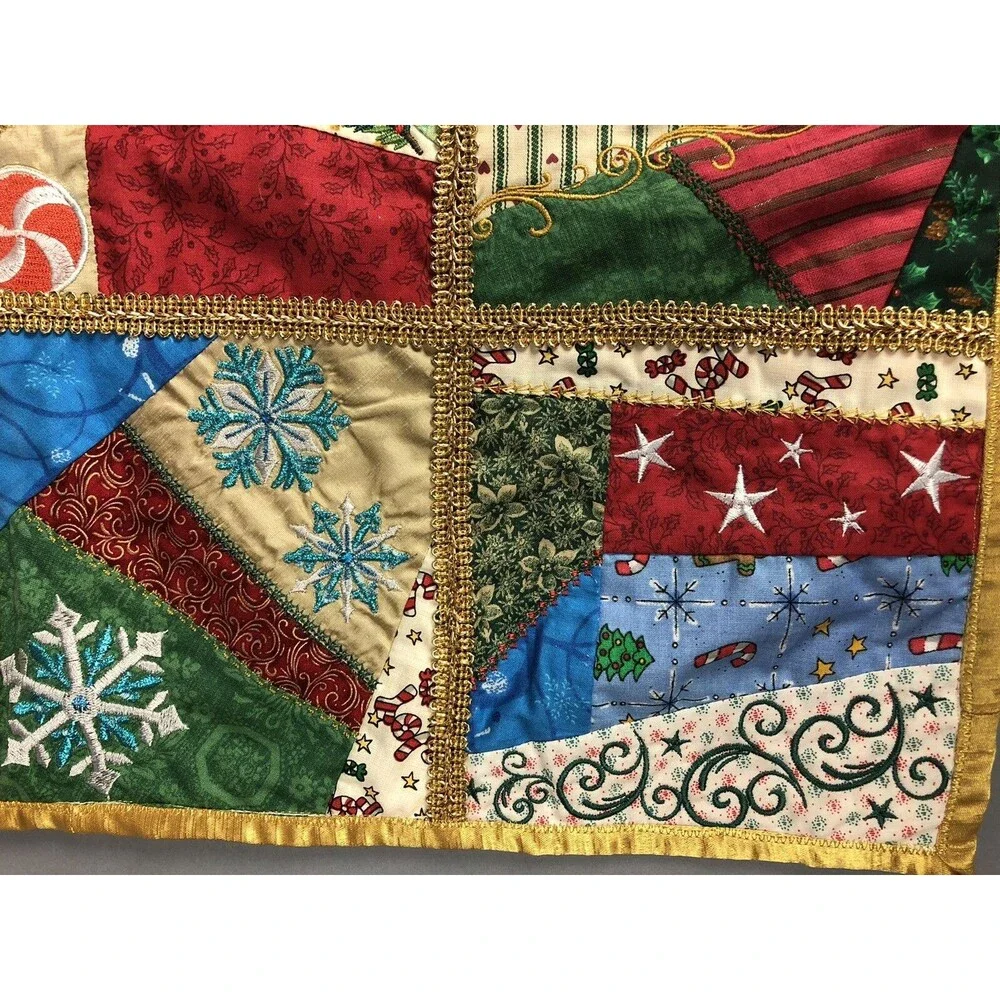 Christmas Table Runner Snowman Handmade Embroidered Double Sided Multi Color